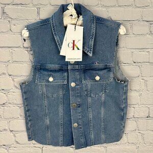 Calvin Klein Cropped Raw Hem Embroidered Denim Vest, Size Small, Mid Blue Washed